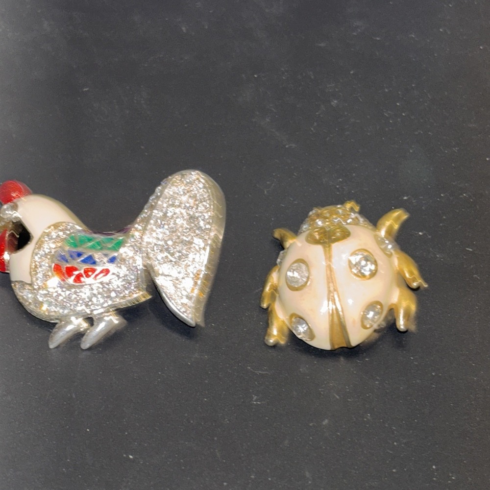 Vintage Enamel Brooch Lot Rooster & Gold KJL Ladybug Beetle Pin Rhinestone